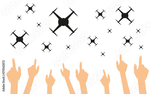 Hände zeigen auf Drohnen Vorderansicht