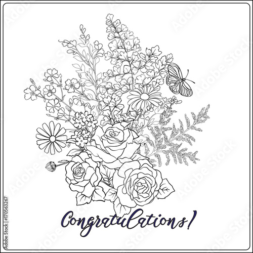 Bouquet with roses and daisies. Traditional European pattern. Stock line vector illustration. Outline hand drawing coloring page for adult coloring book. 