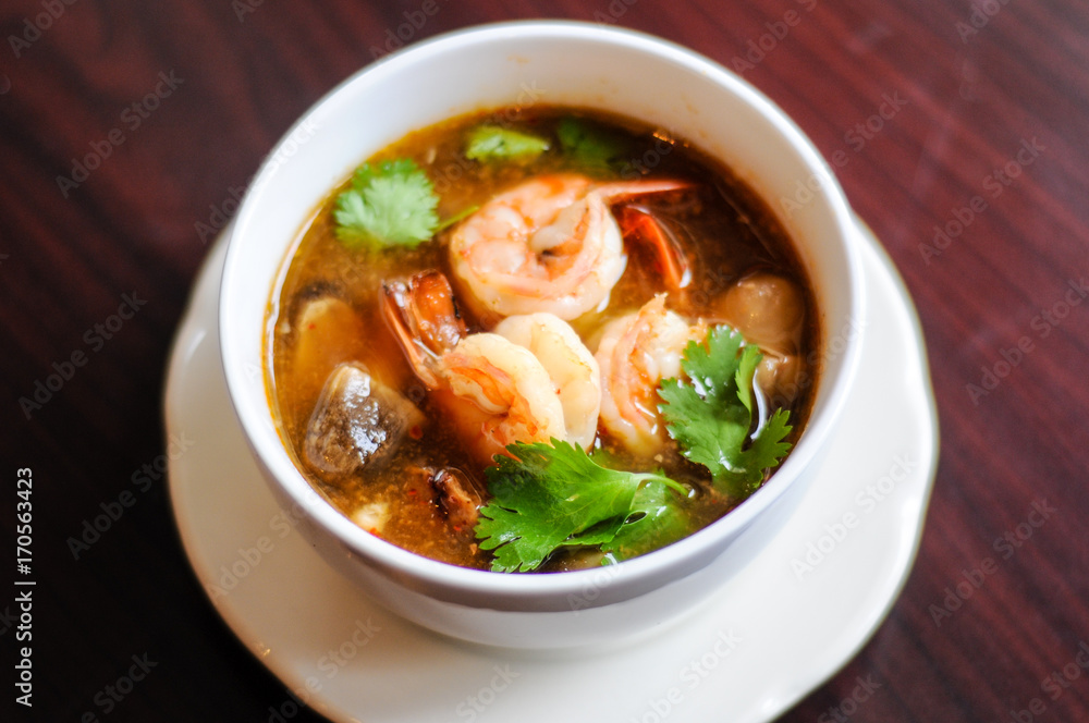 Shrimp Tom Yum, Mushroom, tomatoes, lemongrass, lime leave, galangal in Thai chili sour broth. Shrimp Tom Yum, Mushroom, tomatoes, lemongrass, lime leave, galangal in Thai chili sour broth.