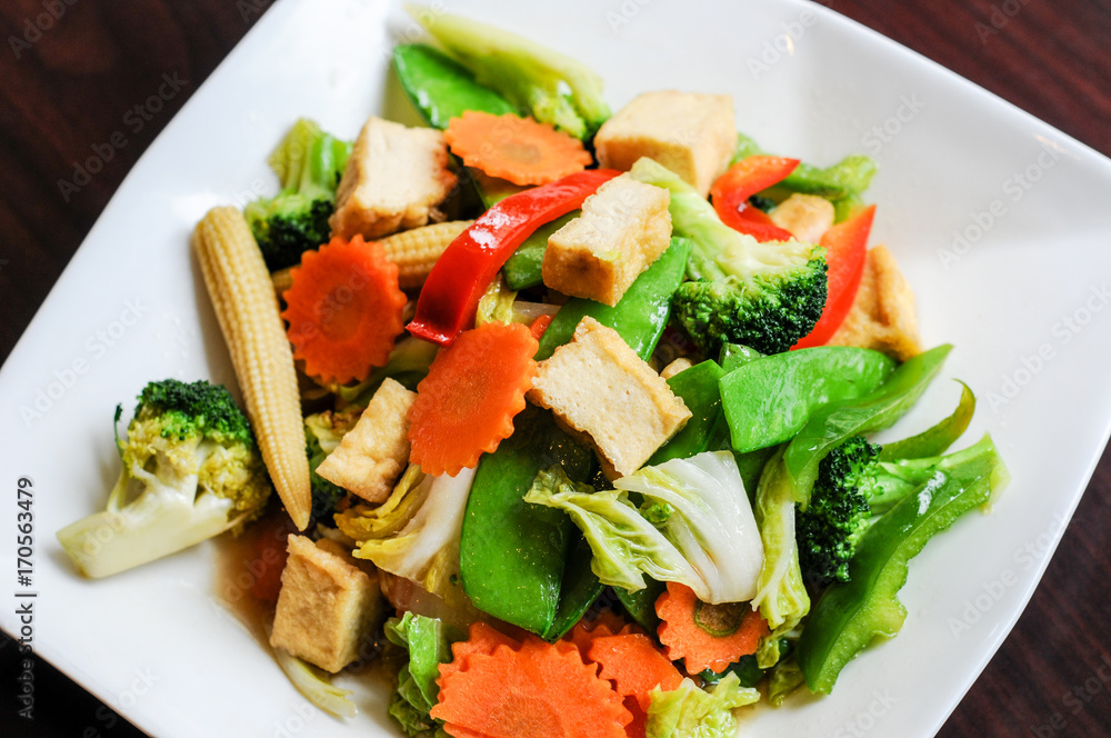 Stir-Fried Mixed Vegetables, Stir-fried broccoli, baby corn, carrots, peapods, napa and bell pepper in a soy sauce. Stir-Fried Mixed Vegetables, Stir-fried broccoli, baby corn, carrots, peapods, napa and bell pepper in a soy sauce.