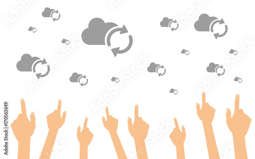 Hände zeigen auf synchronisierende Wolken