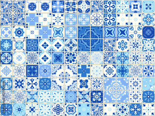 Seamless pattern with portuguese tiles. Vector illustration of Azulejo on white background. Mediterranean style. Blue design.