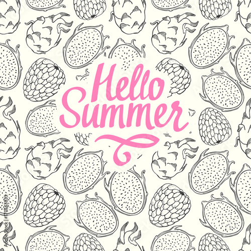Seamless nature pattern with sketch of fruit. Pink and black vector illustration of pitaya on white background. Tropical food. Hello summer.