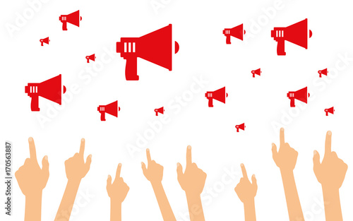 Hände zeigen auf Megaphone