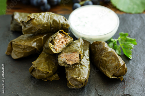 dolma stuffed with meat and rice leaves of grapes. photo