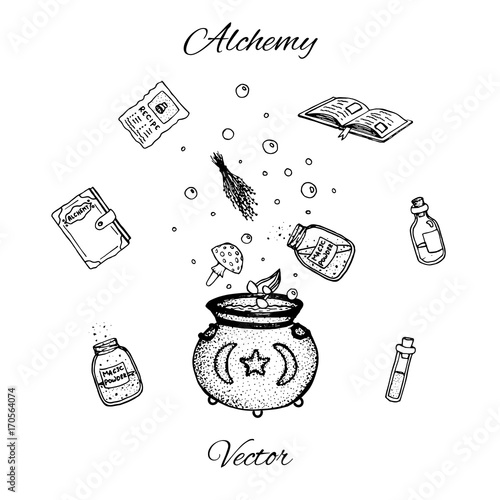 Set of hand drawn vector alchemy bottles. Black outline of potions, vials, herbs, books, mushrooms and cauldron. Halloween line art.