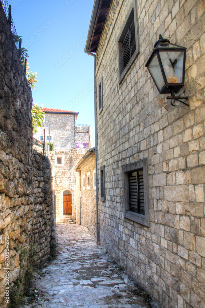 The picturesque narrow streets of the old town of Ulcinj in Montenegro
