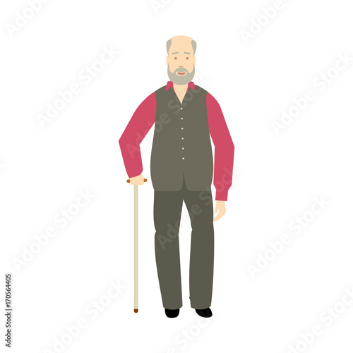 vector flat old grey-haired man with mustage, beard and cane. Isolated illustration on a white background. Full lenght portrait, Flat family characters concept