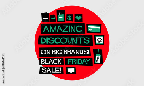 Amazing Discounts on Big Brands! Black Friday Sale!  (Flat Style Vector Illustration Poster Design) With Text Box and Location, Timings, and Payment Detail Template