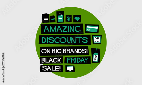 Amazing Discounts on Big Brands! Black Friday Sale!  (Flat Style Vector Illustration Poster Design) With Text Box and Location, Timings, and Payment Detail Template