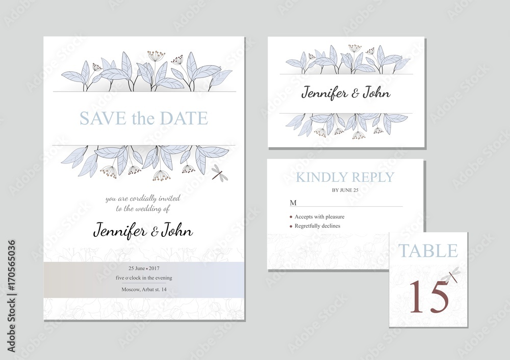 Vector set of four templates with floral ornament. Wedding invitation and greeting cards with floral elements.