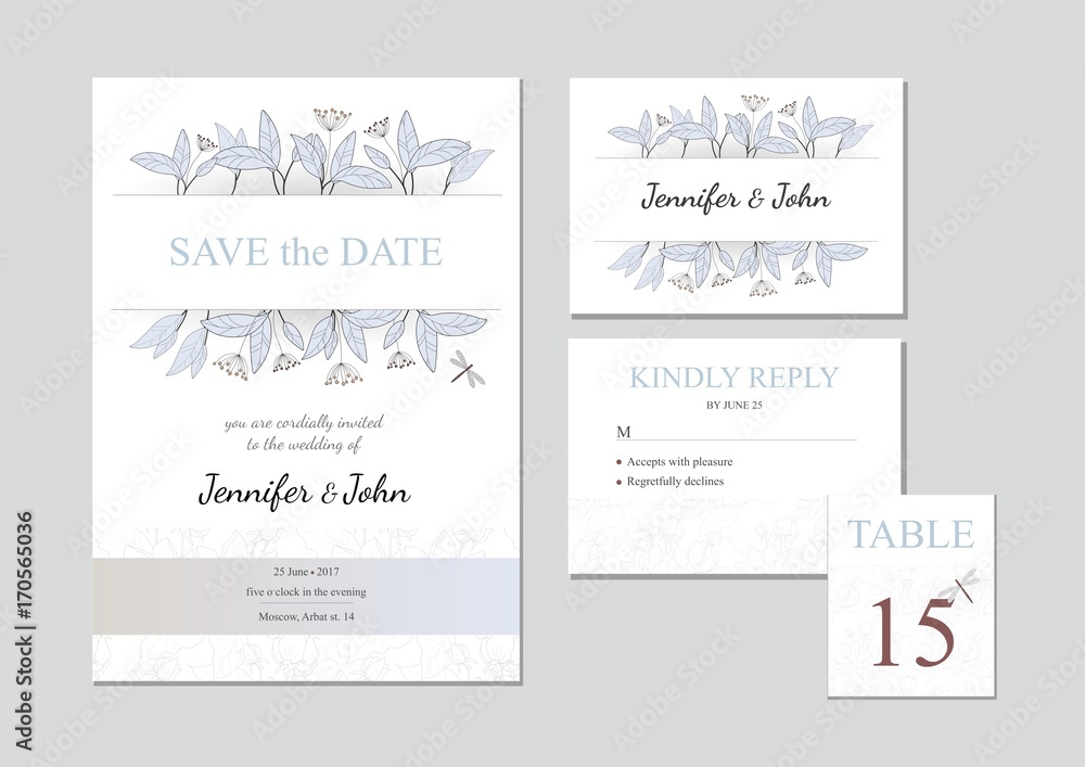 Vector set of four templates with floral ornament. Wedding invitation and greeting cards with floral elements. Vector set of four templates with floral ornament. Wedding invitation and greeting cards with floral elements.
