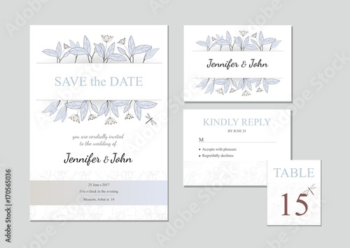 Vector set of four templates with floral ornament. Wedding invitation and greeting cards with floral elements.
