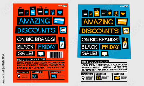 Amazing Discounts on Big Brands! Black Friday Sale!  (Flat Style Vector Illustration Poster Design) With Text Box and Location, Timings, and Payment Detail Template