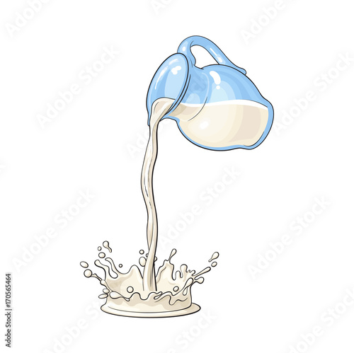 vector cow milk carafe, pitcher with flowing milk splash. Isolated cartoon illustration on a white backround. Kitchen glassware utensil