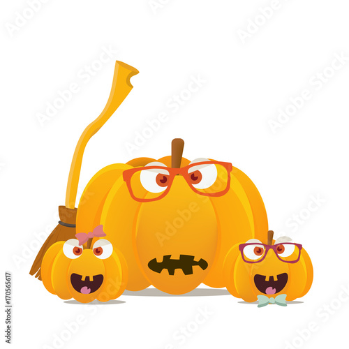 Vector illustration: halloween hipster pumpkins mascots isolated. Pumpkin family faces with witch broom or besom. Great for Halloween, known as Allhalloween, All Hallows' Evening or All Saints' Eve.