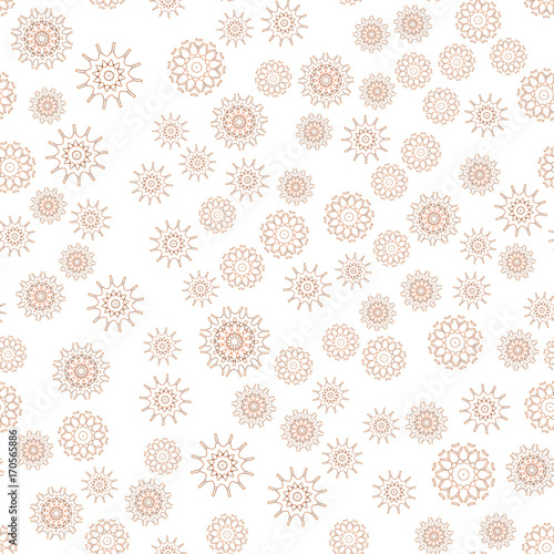 Seamless pattern in arabic style with golden mandala. Random, chaotic, scattered round, circular elements. Muslim, eastern, oriental background. Vector illustration.