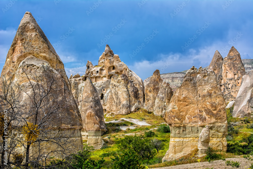 Wonderful landscape  with ancient church at Cappadocia, Anatolia, Turkey. Volcanic mountains in Goreme national park.