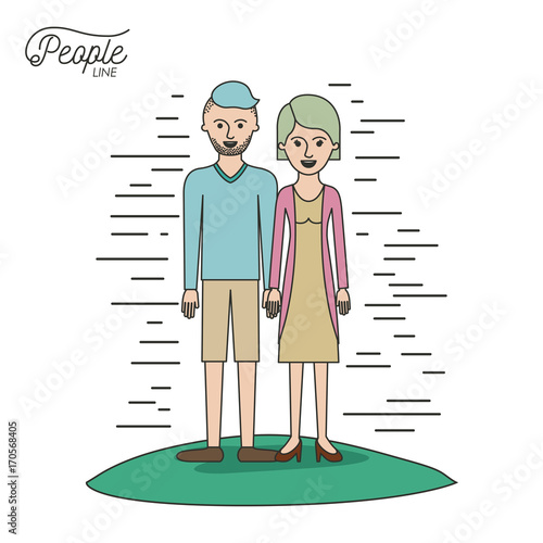 caricature couple people line casual clothes guy modern hairstyle and woman with straight hairstyle standing with dress in grass on white background vector illustration