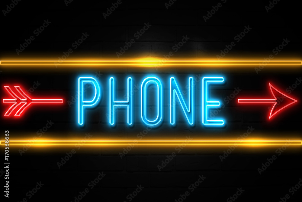 Phone  - fluorescent Neon Sign on brickwall Front view