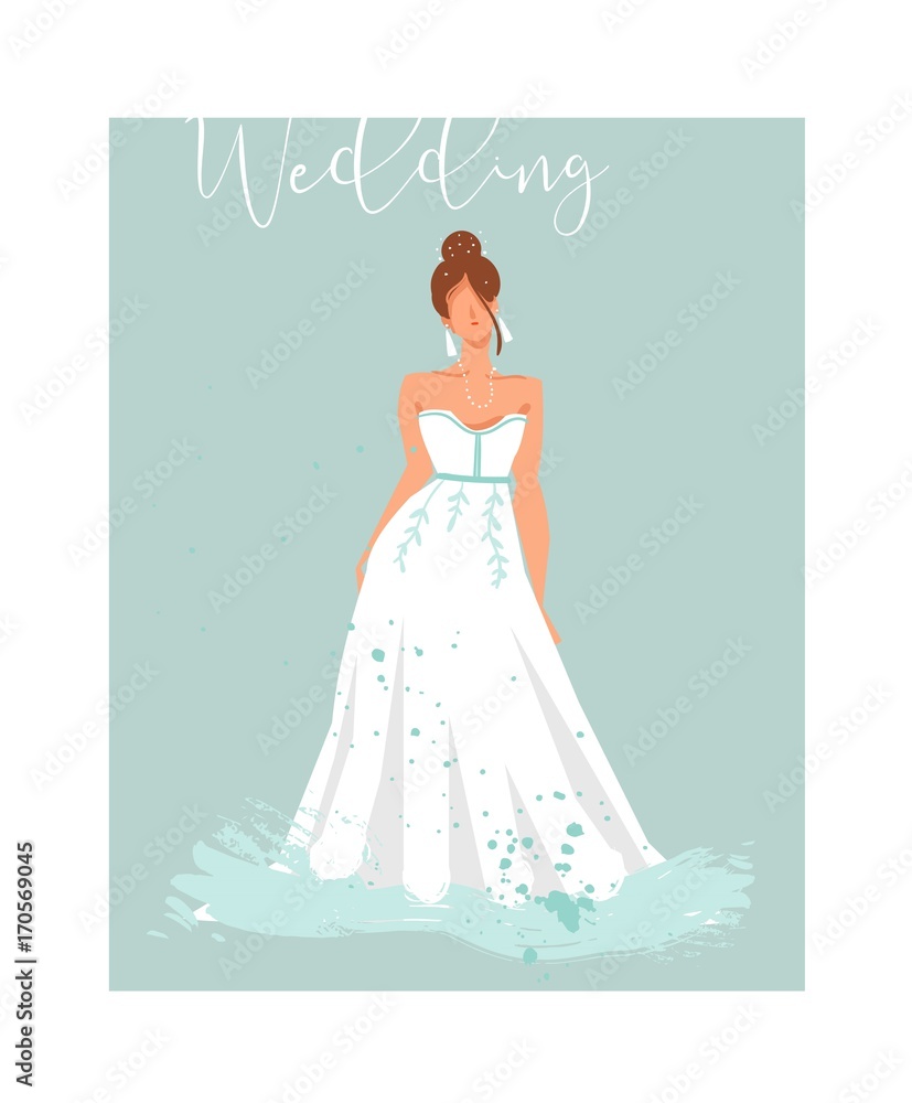 Hand drawn vector abstract wedding bridal in white dress illustration isolated on blue background.
