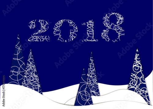Happy new year, 2018, Merry Christmas vector illustration. Winter snow forest. Paper art style.