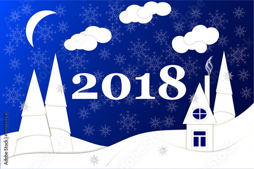 Happy new year, 2018, Merry Christmas vector illustration. Winter snow forest and house on the forest edge. Paper art style.