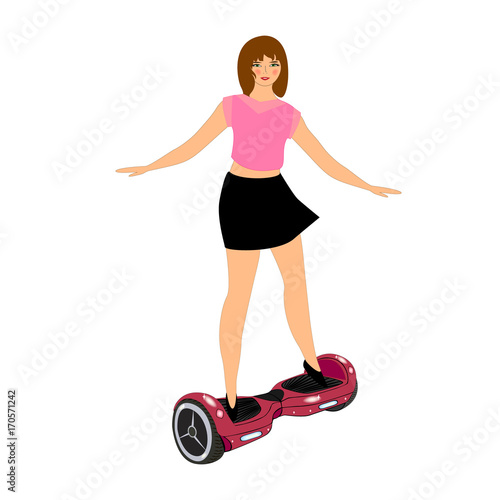 The girl on the pink gyroscope. Gyro scooter, hover board.