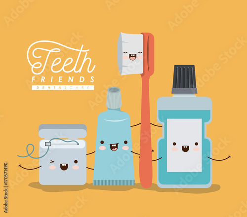 teeth friends dental care kawaii set with different expression on color poster vector illustration