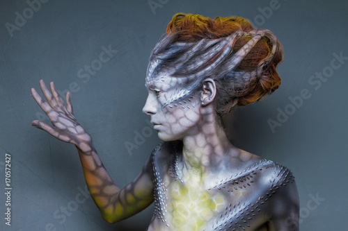 Body art is created in my private Studio for the conceptual case, the idea of animal fantasy woman dragon 
