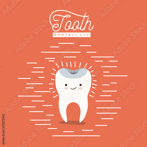 kawaii caricature healthy tooth dental care with happiness expression on color poster with lines vector illustration