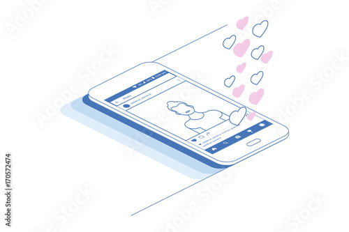 3D isometric concept. Line art smart phone with social application and social profile. Vector illustration EPS 10
