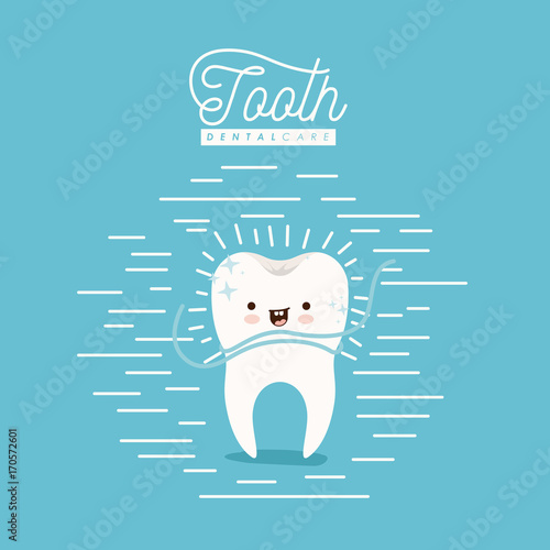 kawaii caricature clean tooth dental care with floss smiling expression on color poster with lines vector illustration