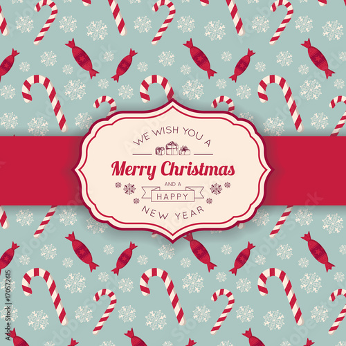 Christmas candies pattern and greeting text.