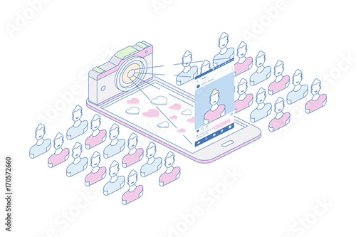 3D isometric concept. Line art smart phone and photo camera with social application and social profile. Vector illustration EPS 10