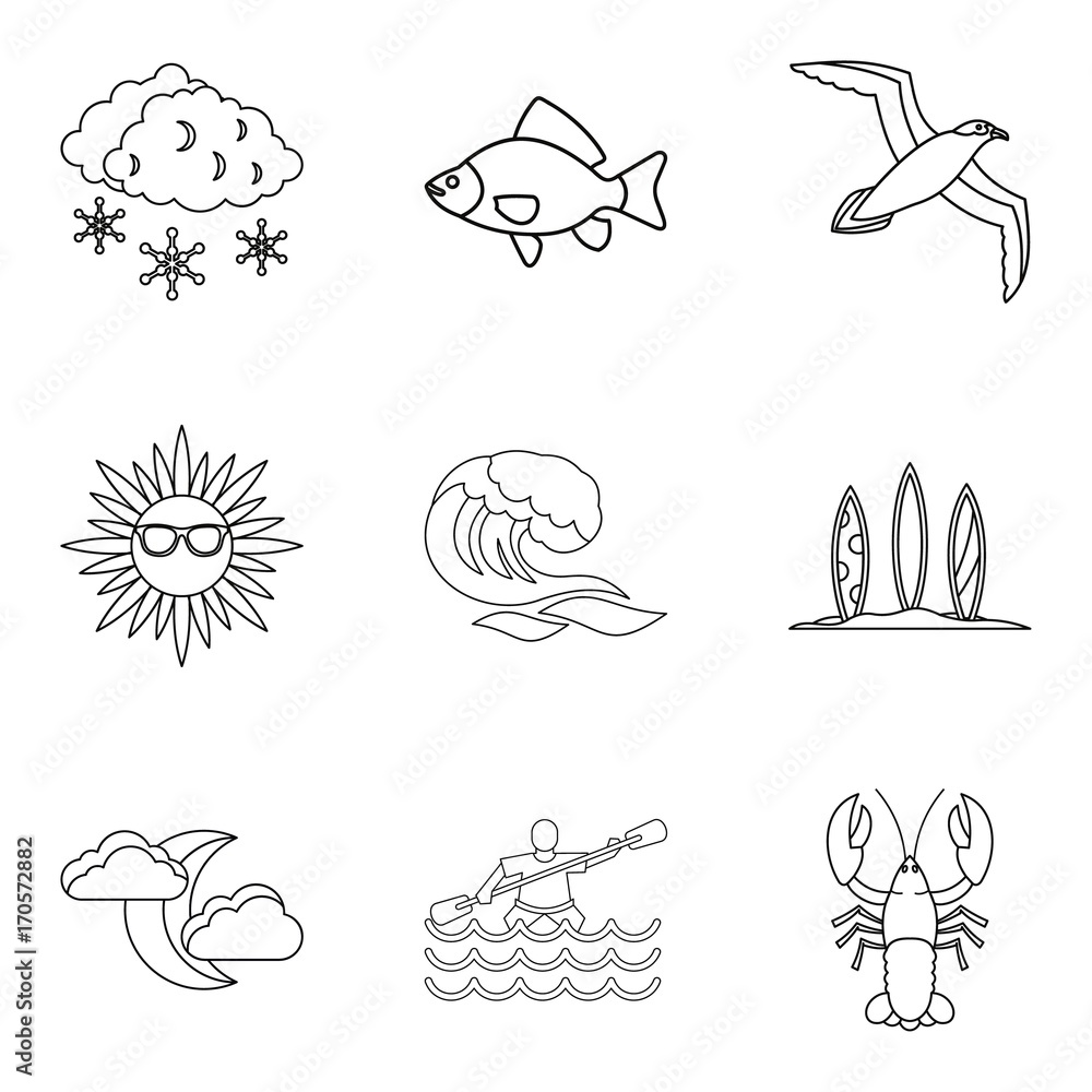 Sea creature icons set, outline style