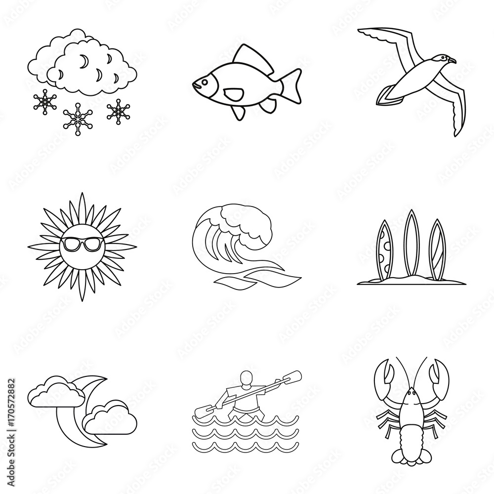 Sea creature icons set, outline style Sea creature icons set, outline style