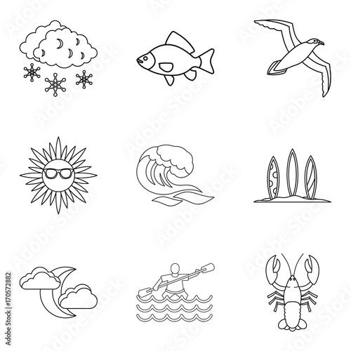 Sea creature icons set  outline style