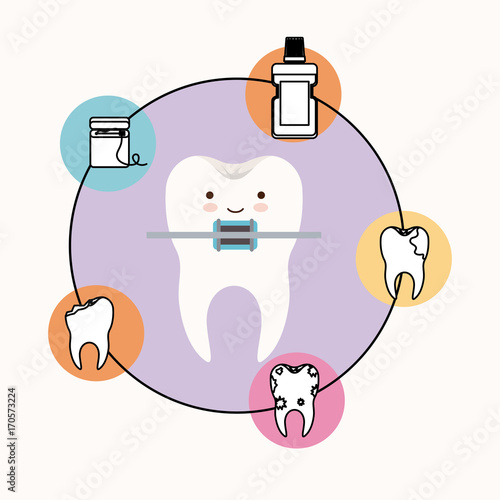 caricature tooth with brace dental care with happiness expression with circular frame icons dental care on white background vector illustration