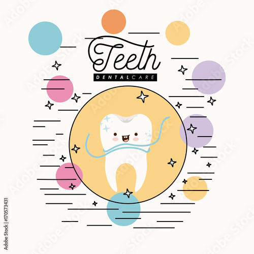 kawaii caricature clean tooth dental care with floss smiling expression in circular frame with colorful bubbles and star with lines on white background vector illustration