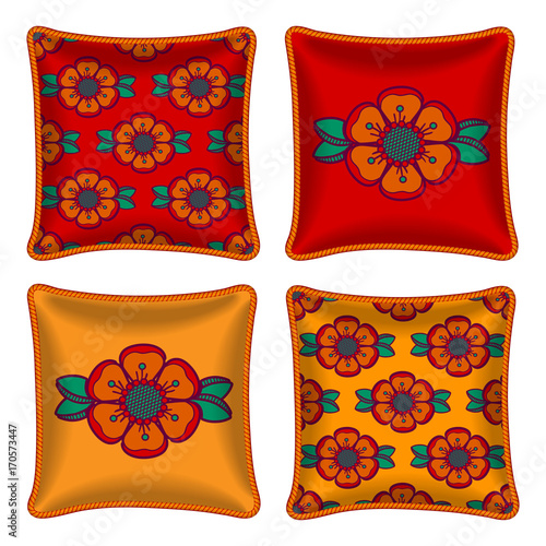 Set of 4 decorative pillow. Orange flower on red background. Floral pattern. Vector illustration. 