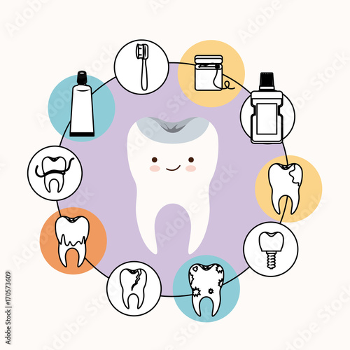 kawaii caricature healthy tooth dental care with happiness expression with circular frame icons dental care on white background vector illustration