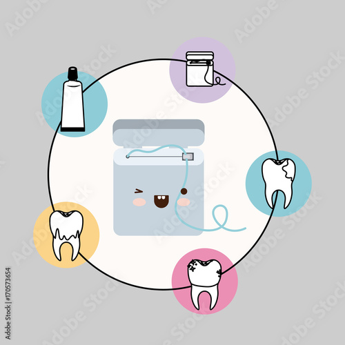 dental floss box kawaii with happiness expression with circular frame icons dental care on gray background vector illustration