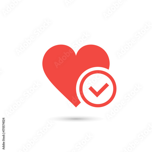 Heart with yes check mark. Vector simple illustration