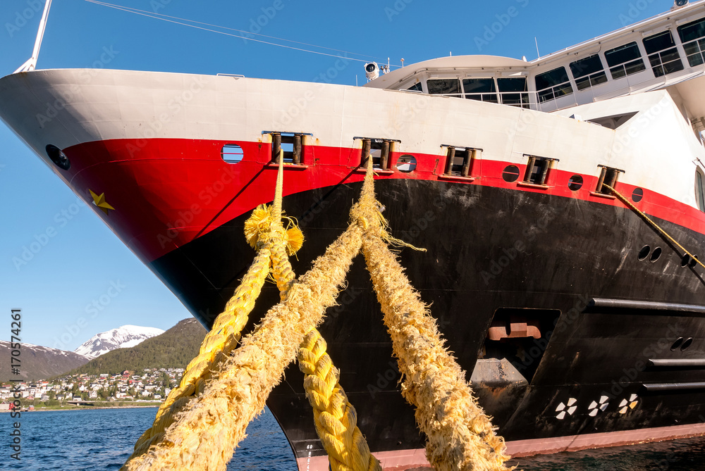 Fototapeta premium Prow front view of a large cruise liner ship in Tromso Harbour.