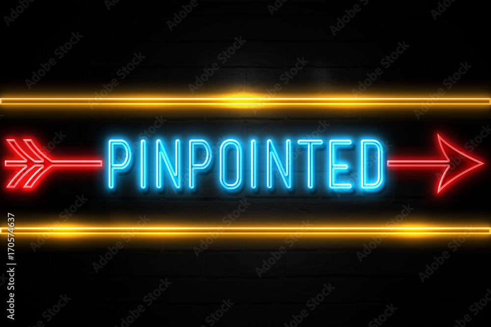 Pinpointed - fluorescent Neon Sign on brickwall Front view Pinpointed - fluorescent Neon Sign on brickwall Front view