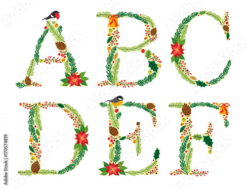 Cute vintage hand drawn rustic floral Christmas alphabet