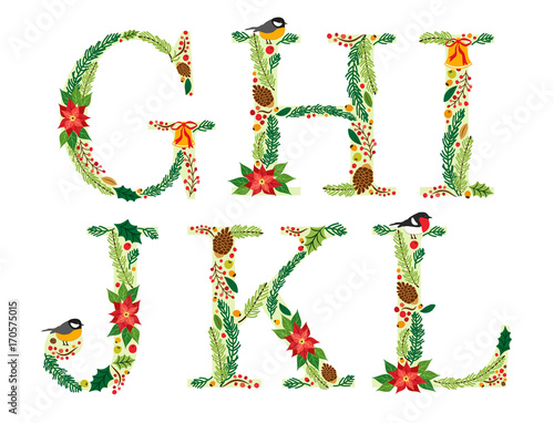 Cute vintage hand drawn rustic floral Christmas alphabet