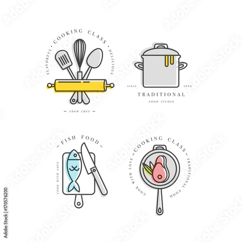 Cooking class linear design elements, kitchen emblems, symbols, icons or food studio labels and badges collection.