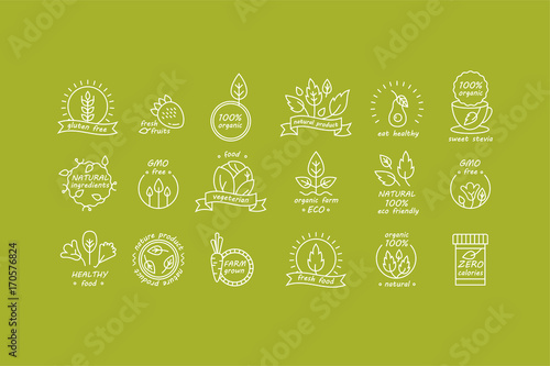 Vector set of organic products labels and badges - collection of different icons and illustrations related to fresh and healthy food